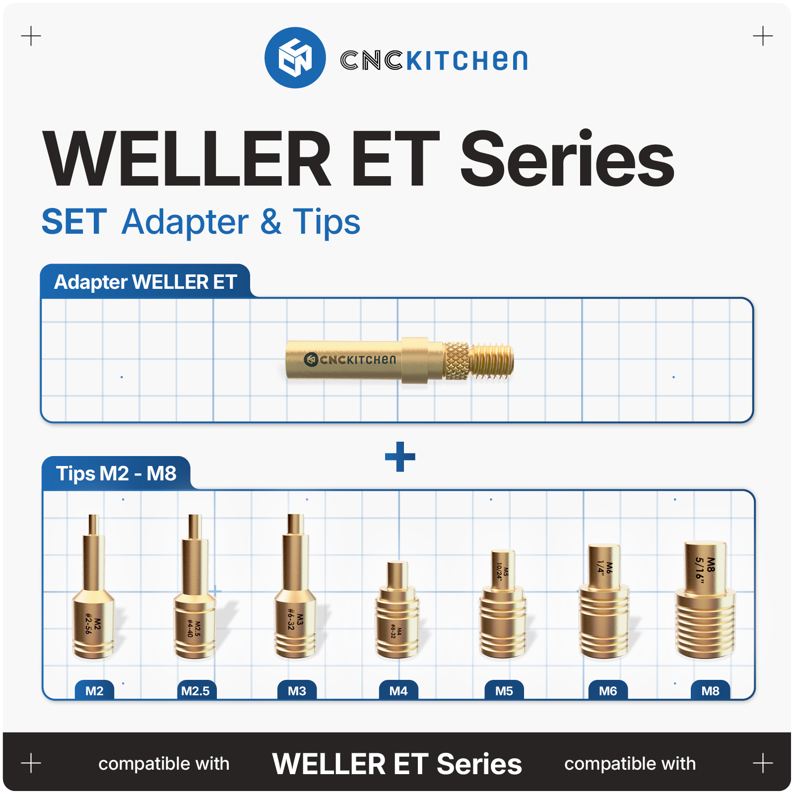 CNC Kitchen Installation Tips SET til Weller ET – adapter og spidser M2-M8 til heat set inserts